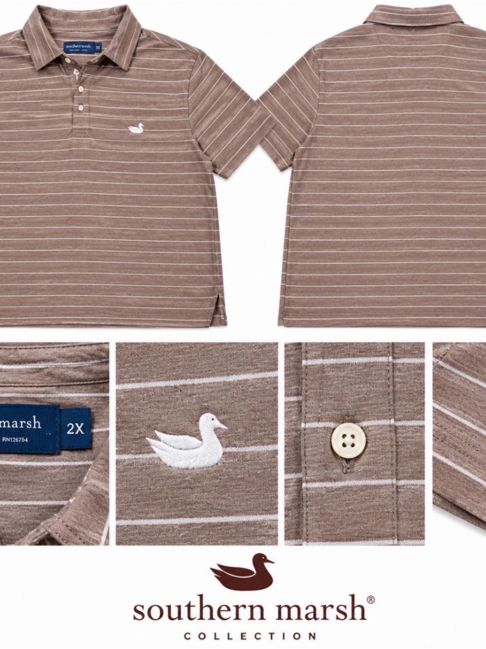 Southern Marsh Brown Striped Polo with White Duck Logo